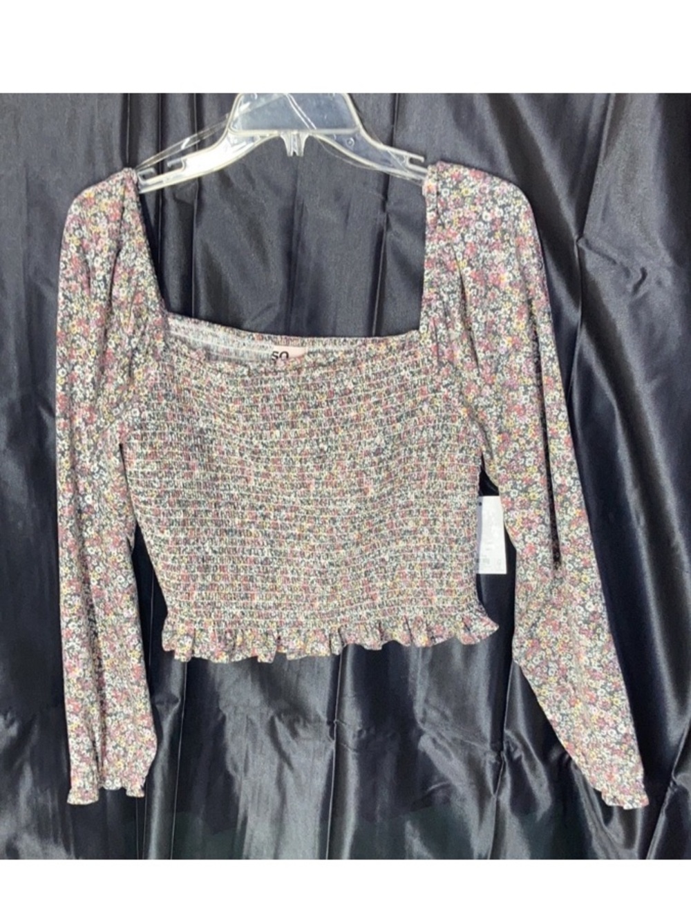SO top smocked bodice floral print top long sleeve boho casual cottagecore